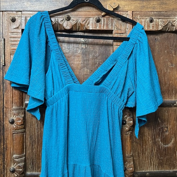 Turquoise Boho Maxi Dress | Flutter Sleeves Resort Vacation Dress | Size M - Picture 6 of 8